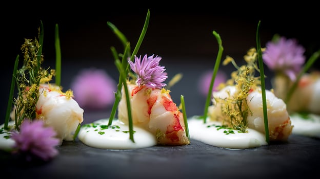 Exquisite Seafood Dish with Delicate Edible Flowers and Herbs. photo