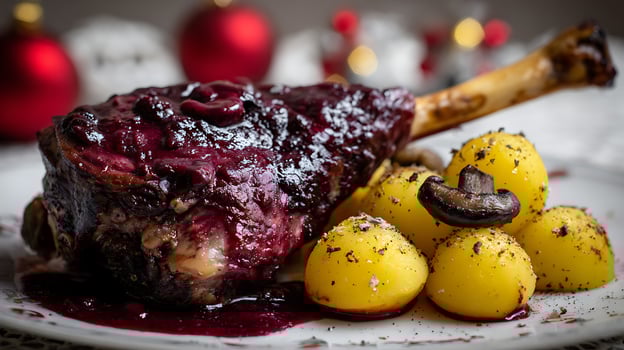 Juicy Lamb Shank Dinner with Potatoes and Berry Glaze. photo