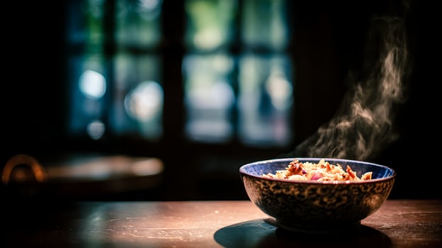 Steaming Bowl of Delicious Food Ready to Eat, Warm and Comforting Meal photo