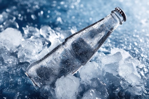 An empty bottle of soda is sitting on ice photo