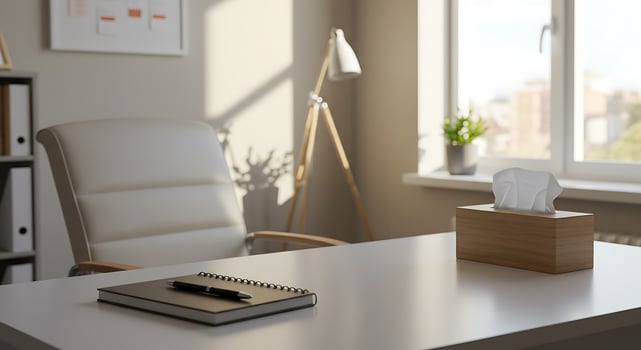 Modern Bright Office Desk with Tissue Box and Potted Plant in Natural Light photo
