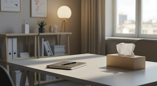 Modern Office Desk Scene with Tissue Box Notebook and Pen Near Window with Natural Light photo