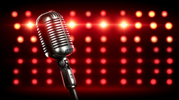 A microphone on a stage with stage lights shining on them, blurred stage background. 8 photo