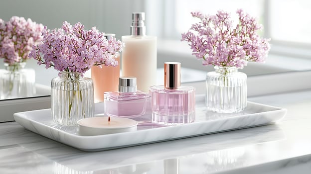 A marble tray with lilac flowers in glass vases, scented candles and vintage perfume bottles. 7 photo