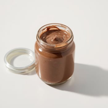 creamy chocolate spread in a glass jar on a clean white background with soft morning light photo