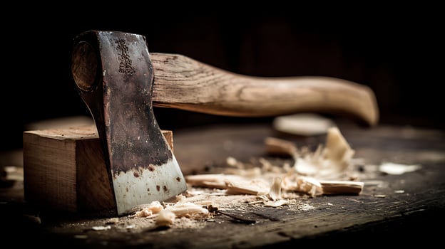 Rough Woodworking Close Up of Axe Preparing for Work. photo