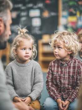 Preschool children listening to teacher during story time in classroom photo