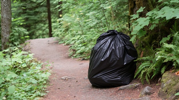 Black trash bag left abandoned on a forest trail. photo