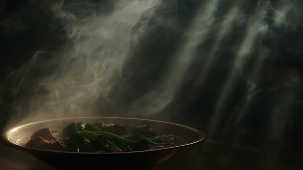 Hot Steaming Bowl of Beef and Broccoli with Dramatic Light Rays. photo