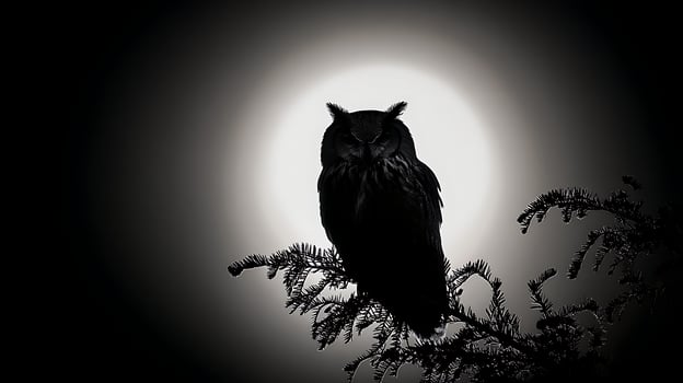 Majestic Owl Perched on a Branch Under the Moonlit Sky. photo