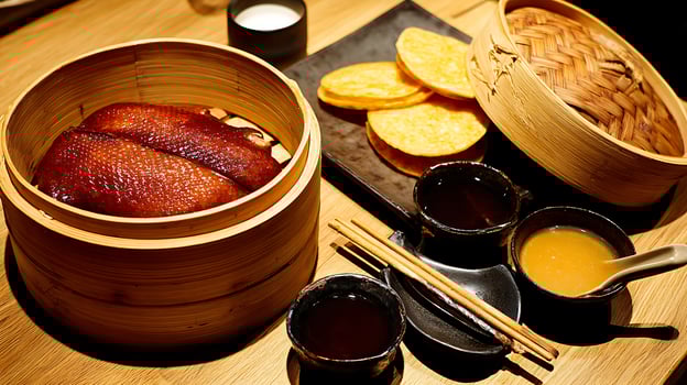 A Delicious Meal of Roasted Duck with Traditional Sides. photo