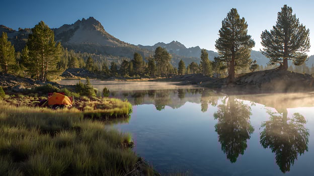 Serene Mountain Lake Camping Adventure at Sunrise with Morning Mist. photo