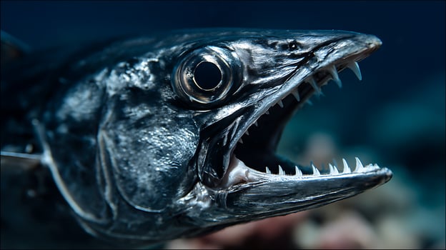 Fierce Predator Revealed Extreme Close Up of Barracuda Head with Sharp Teeth. photo