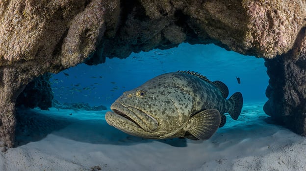 Giant Grouper emerges from a dark underwater cave into clear blue water. photo