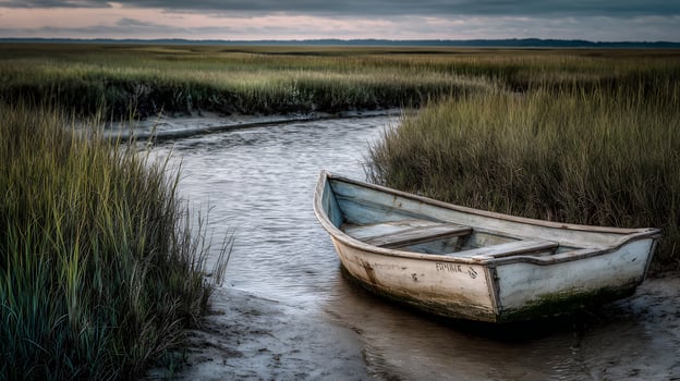 Old fishing boat rests on muddy shore at sunset marsh. photo