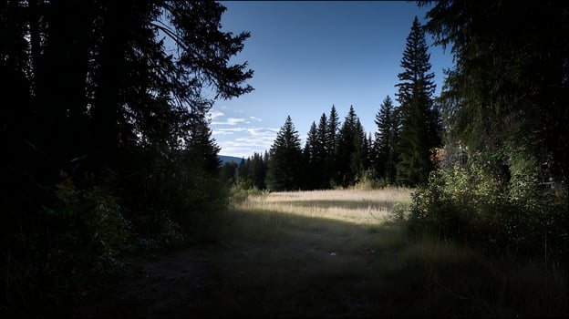 Path Through The Woods With Sunny Meadow And Blue Sky Above. photo
