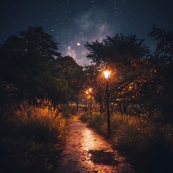 Enchanted Evening Walk Path Under a Starry Sky with Warm Lantern Light. photo