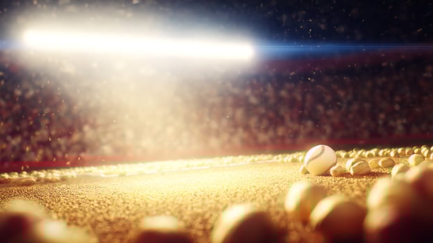 A lone baseball sits on a golden field under stadium lights. photo