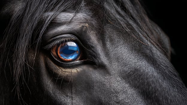 Majestic Black Horse Eye Reflecting a Blue Sky and Clouds. photo