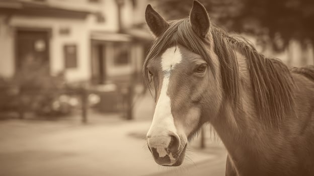 Gentle Portrait of a Horse in Sepia Tones with Blurred Background. photo
