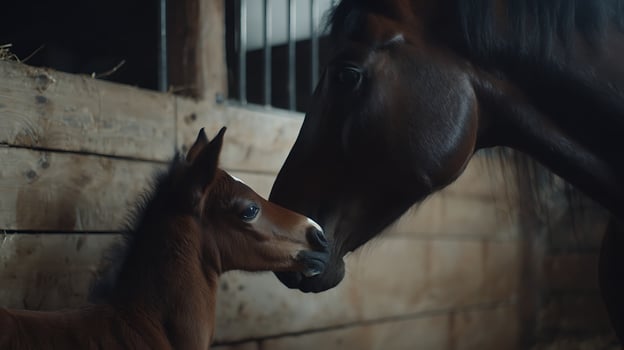 Gentle Embrace A Mother Horse Nuzzles Her Newborn Foal in a Stable. photo