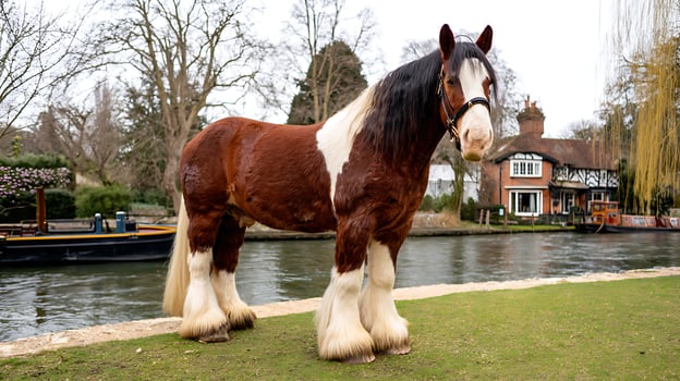 Majestic Shire Horse Poses By Riverside Home And Canal Boat photo