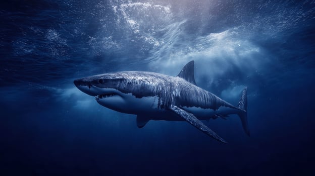 Great white shark swimming in deep ocean photo