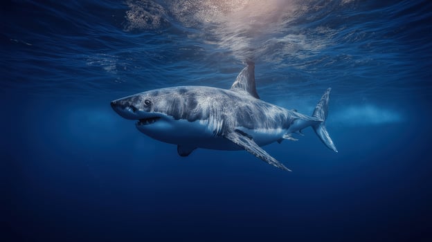 Great White shark while coming to you on deep blue ocean background. photo