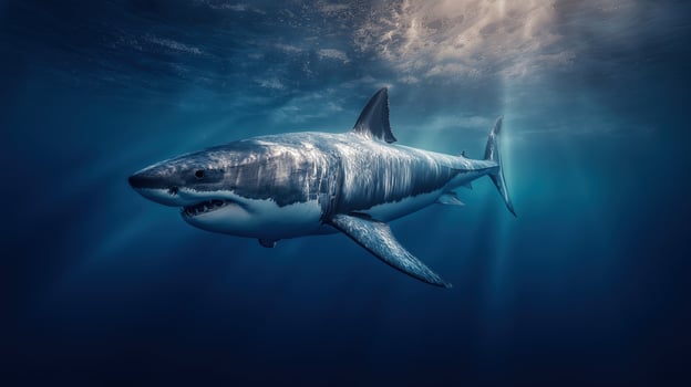 Great white shark swimming underwater photo