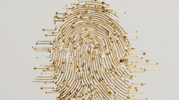 Complex network of circuits forms a fingerprint pattern, highlighting the fusion of biometric technology with modern design. This artistic representation reflects advancements in security. photo