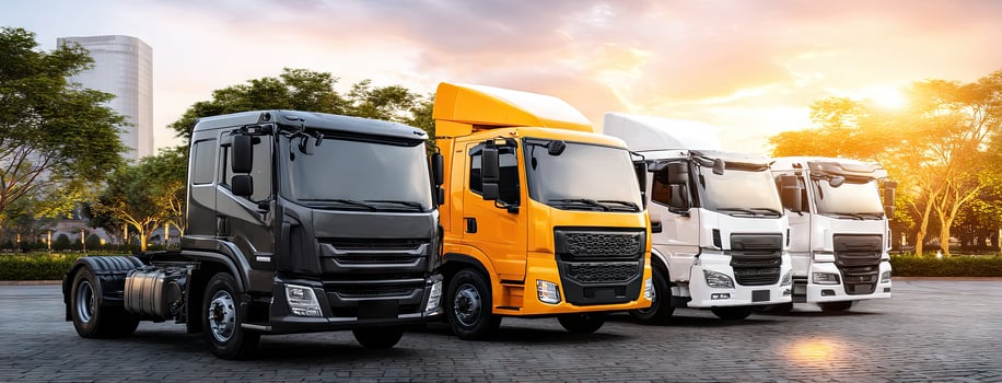 Three white, yellow and black trucks parked in a row photo