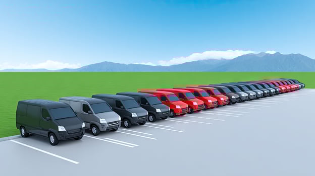 A row of red and black vans in a parking lot photo