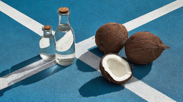 Refreshing Coconut Water In Glass Bottles On A Vibrant Blue Surface. photo