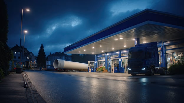 A large truck parked in front of a gas station photo