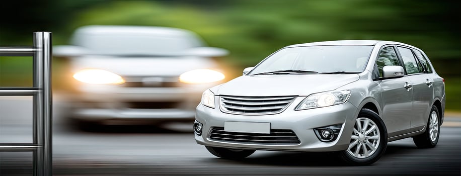 A silver car is driving down the road photo