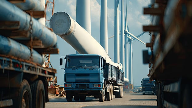 A blue truck with a large wind turbine on it photo