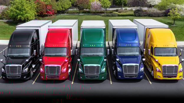 A row of trucks in a parking lot with a green truck in the middle photo