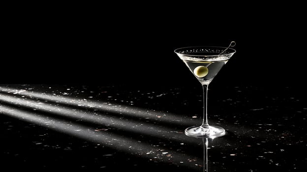 Elegant Martini with Olive and Dramatic Light Rays on Dark Surface. photo