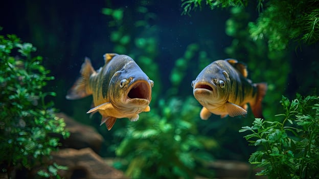 Two large fish in an aquarium with their mouths open photo