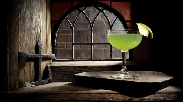 Green Cocktail With Lime Garnish In Rustic Setting Near Old Window. photo