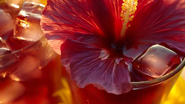 Refreshing Red Hibiscus Drink with Ice Cubes on a Sunny Day. photo