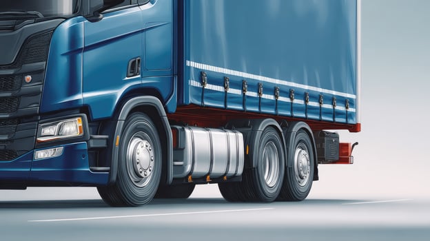 A blue truck is driving on a gray road photo
