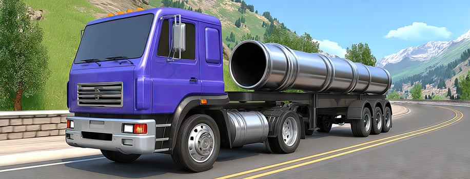 A truck driving down the road with mountains in the background photo