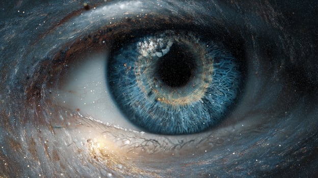 In a futuristic digital environment, detailed close-up of a human eye reveals its stunning patterns and textures, reflecting biometric technology's potential in security and identification. photo