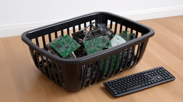 A basket full of electronic components on a wooden floor photo