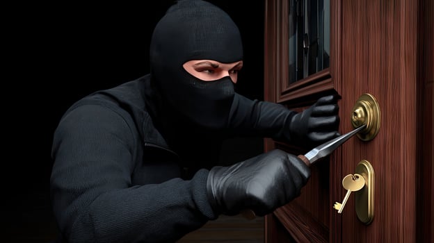 A burglar in black mask and gloves is opening a door photo