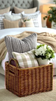 A wicker basket with pillows and flowers on the bed photo