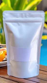 A white bag sitting on a table next to a plate of food photo