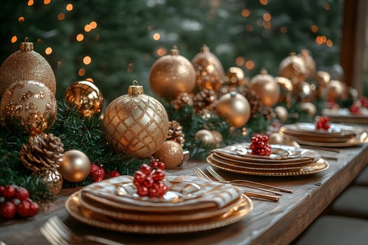 Elegant Christmas Table Setting with Gold and Greenery for Festive Holiday Gatherings photo