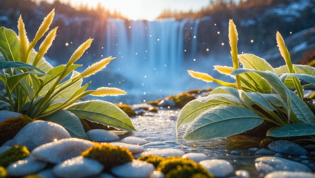 Waterfall Scenery with Lush Plants and Mossy Rocks at Sunrise photo
